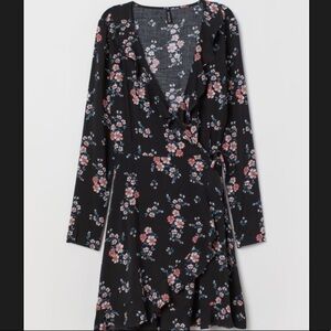 H&M Flora Long Sleeves Black Mini Wrap Dress